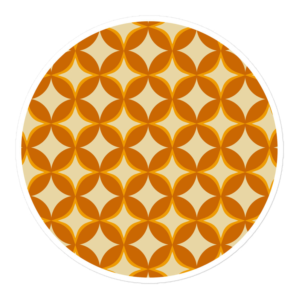 Seamless 70s retro geometric pattern sticker featuring interlocking orange and mustard petal shapes on a cream background.