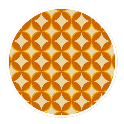 Seamless 70s retro geometric pattern sticker featuring interlocking orange and mustard petal shapes on a cream background.