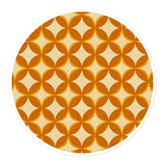 Seamless 70s retro geometric pattern sticker featuring interlocking orange and mustard petal shapes on a cream background.