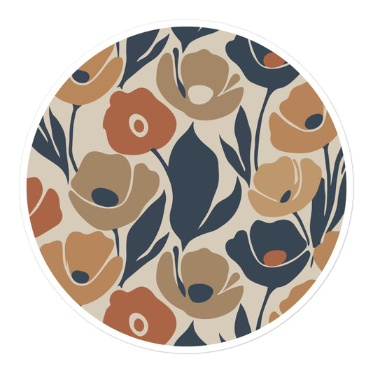 Durable vinyl sticker featuring a retro floral pattern with organic flower shapes in terracotta and navy blue.