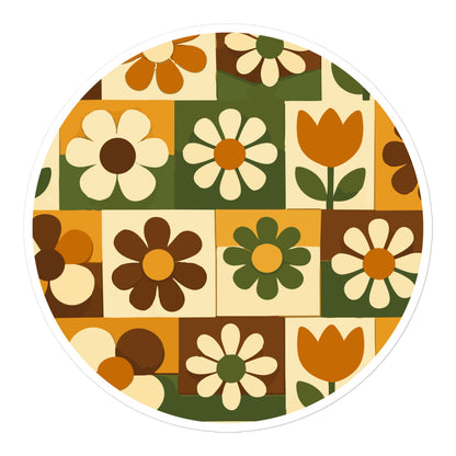 Durable vinyl sticker featuring a 1970s retro floral grid pattern with groovy flowers in orange, brown, and green.