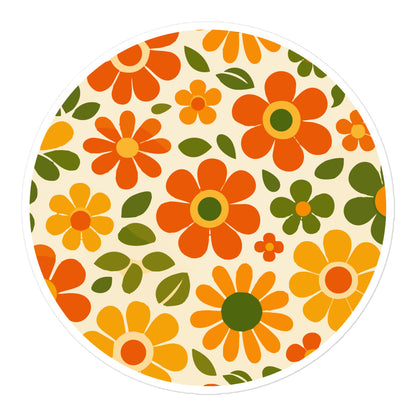 Seamless 1970s retro flower power pattern vinyl sticker with groovy orange, yellow, and olive green daisy illustrations.