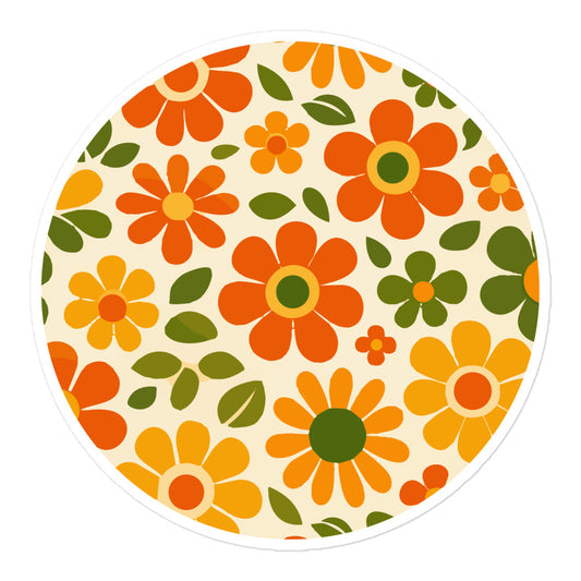 Seamless 1970s retro flower power pattern vinyl sticker with groovy orange, yellow, and olive green daisy illustrations.