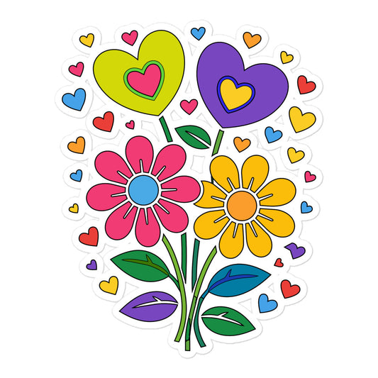 Bright 70s retro style illustration of pink and yellow daisy flowers with colorful heart bouquets. faroutgoods