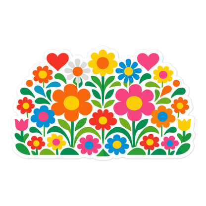 Vibrant 70s retro flower power bouquet with colorful blooms and pink and red hearts on a black background.
