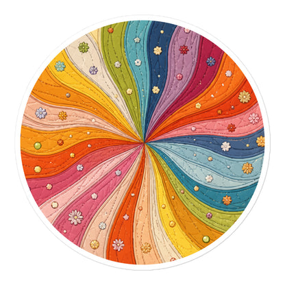 Vinyl sticker featuring a 70s retro rainbow quilt sunburst design with colorful swirling wavy stripes and tiny flowers.