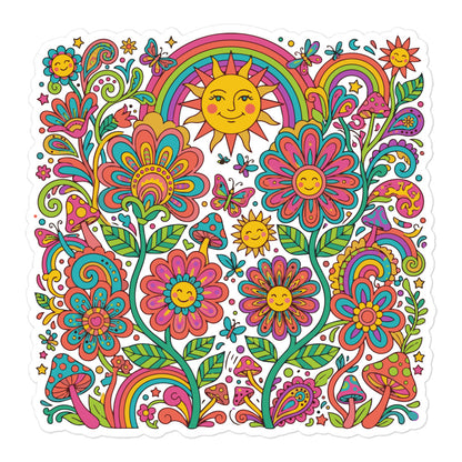 Colorful 70s psychedelic vinyl sticker design with smiling flowers, vibrant rainbows, trippy mushrooms, and a sun.