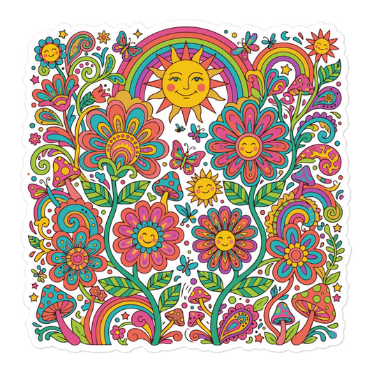 Colorful 70s psychedelic vinyl sticker design with smiling flowers, vibrant rainbows, trippy mushrooms, and a sun.