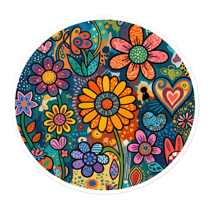 Vibrant retro psychedelic vinyl sticker featuring colorful 60s flower power doodles, patterned hearts, and boho art.