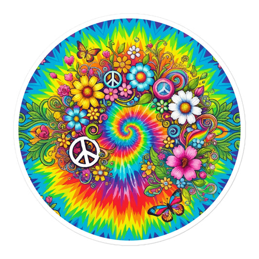 Psychedelic tie dye vinyl sticker with vibrant rainbow swirls, peace signs, retro sunflowers, daisies, and butterflies.