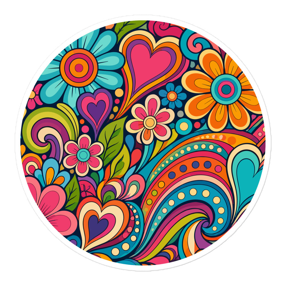 Vibrant 70s psychedelic vinyl sticker featuring colorful retro flowers, hearts, and groovy swirls in pink, blue, and orange.