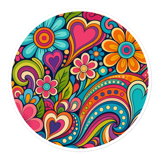 Vibrant 70s psychedelic vinyl sticker featuring colorful retro flowers, hearts, and groovy swirls in pink, blue, and orange.