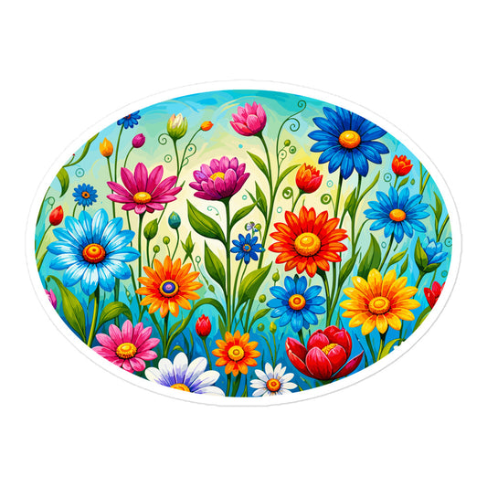 Vibrant retro flower power vinyl sticker featuring a colorful field of psychedelic 1960s style wildflowers and daisies.