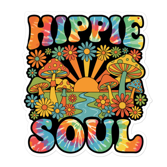 Retro Hippie Soul vinyl sticker featuring tie-dye typography, colorful mushrooms, daisies, and a sunburst.