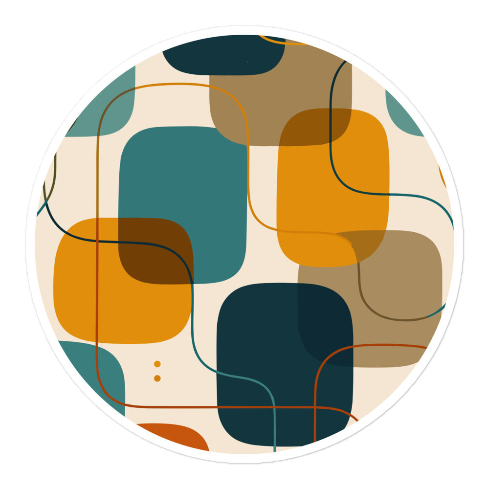 Retro geometric vinyl sticker featuring mid-century rounded squares and lines in teal, mustard yellow, and rust orange.