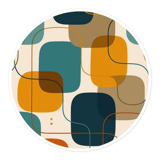 Retro geometric vinyl sticker featuring mid-century rounded squares and lines in teal, mustard yellow, and rust orange.