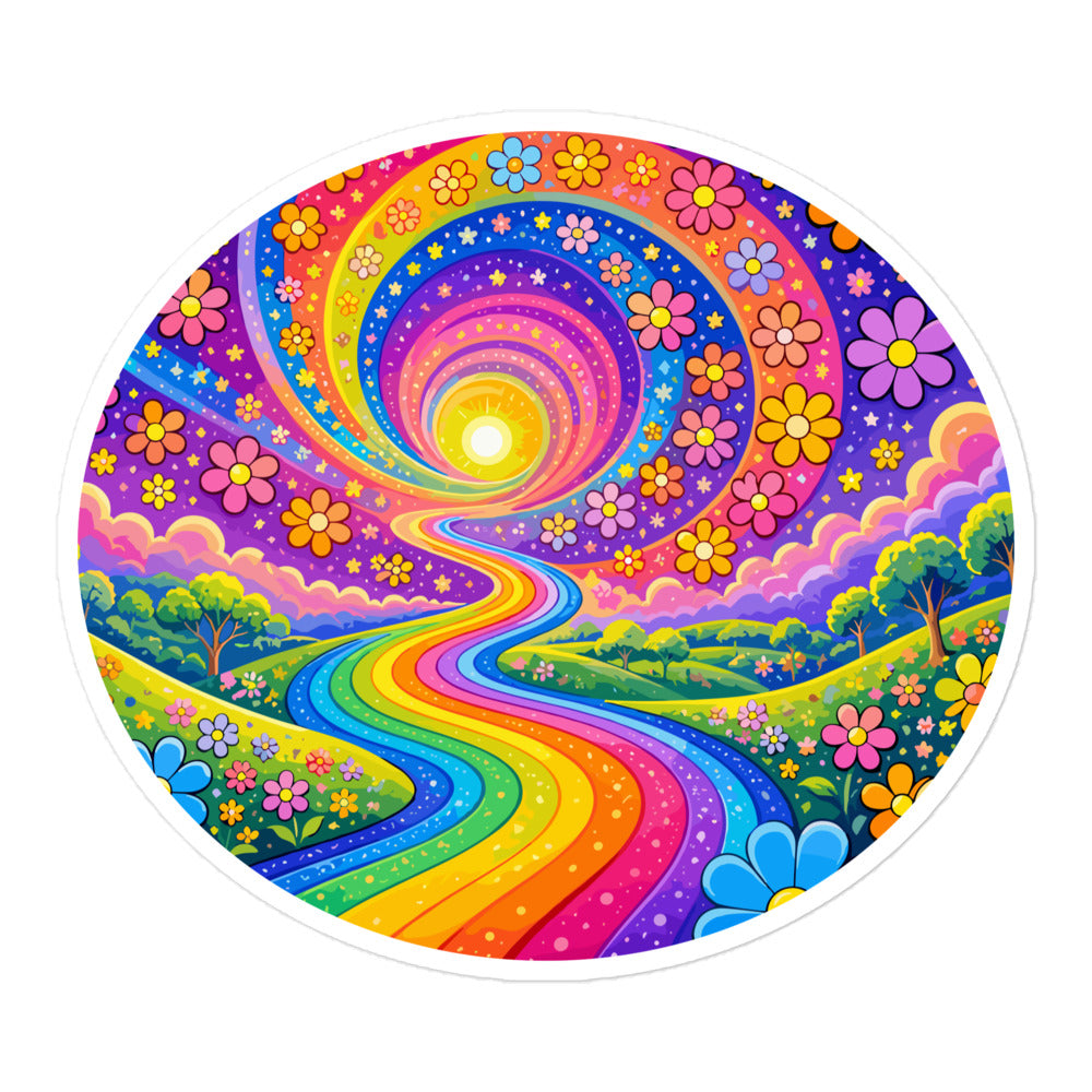Psychedelic vinyl sticker featuring a vibrant rainbow road winding through green hills with colorful daisy flowers