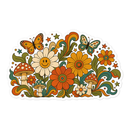 Retro 70s psychedelic vinyl sticker design featuring smiley daisies, red spotted mushrooms, and colorful butterflies.
