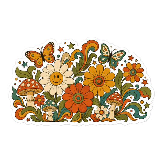 Retro 70s psychedelic vinyl sticker design featuring smiley daisies, red spotted mushrooms, and colorful butterflies.