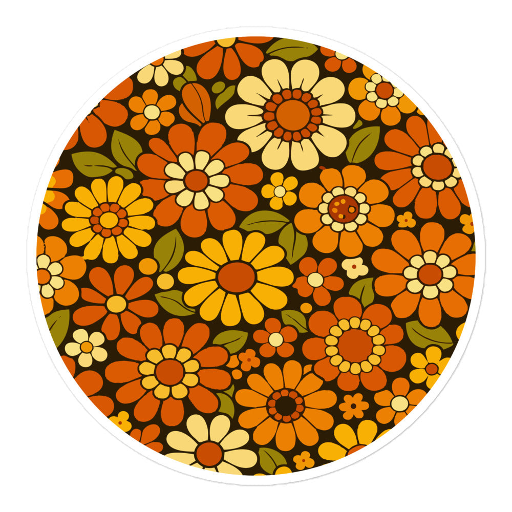 Retro 70s floral pattern vinyl sticker featuring orange, yellow, and cream daisies on a dark brown background.