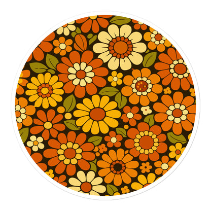Retro 70s floral pattern vinyl sticker featuring orange, yellow, and cream daisies on a dark brown background.