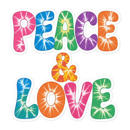 Colorful tie-dye Peace and Love lettering vinyl sticker in retro 60s and 70s vibrant rainbow font. Faroutgoods