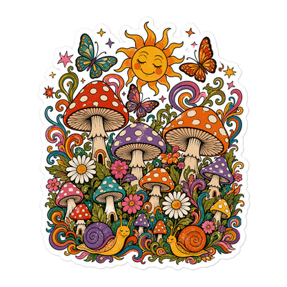 Colorful 70s retro vinyl sticker featuring psychedelic mushrooms, smiling snails, butterflies, flowers, and a sun.