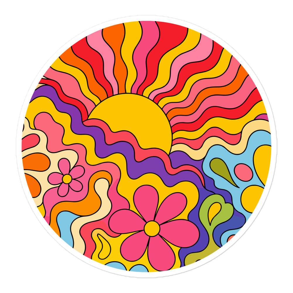 Vibrant 1970s psychedelic vinyl sticker featuring a wavy retro sunburst sunset surrounded by colorful groovy flowers.