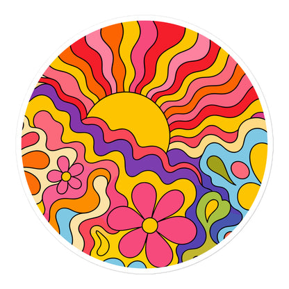 Vibrant 1970s psychedelic vinyl sticker featuring a wavy retro sunburst sunset surrounded by colorful groovy flowers.