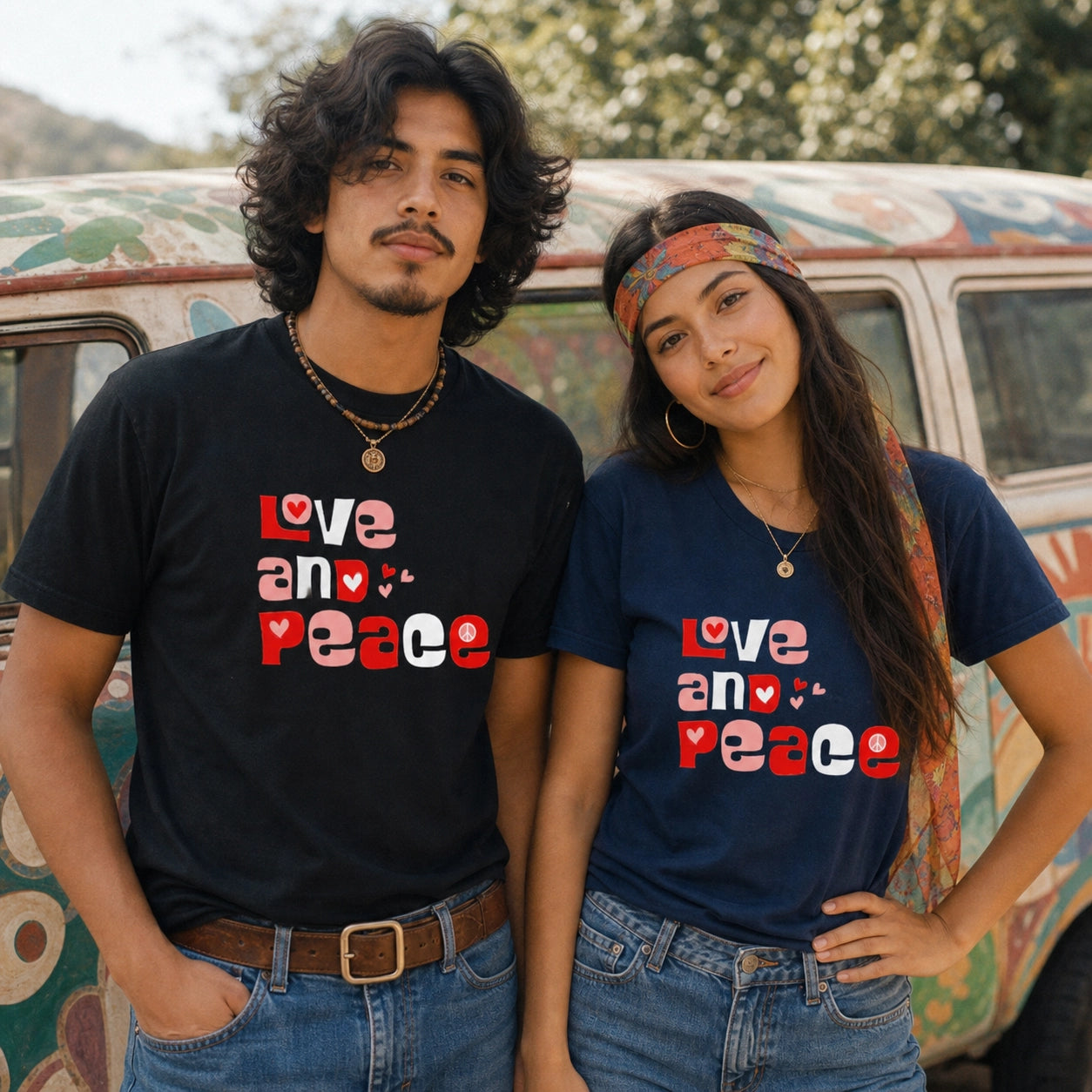 Unisex t-shirt featuring retro Love and Peace aesthetic typography in a vibrant 1970s groovy font and vintage colors.