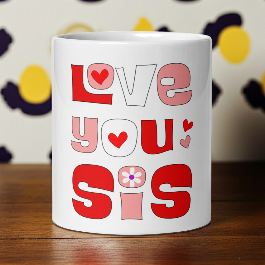 Retro "Love You Sis" - White glossy mug - Far Out Goods