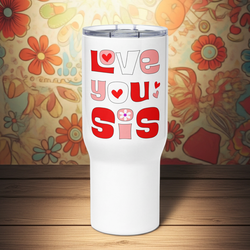 Retro "Love You Sis" - Travel mug with a handle - Far Out Goods