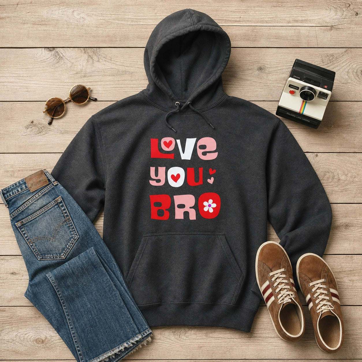 A dark charcoal gray hoodie with a 'LOVE YOU BRO' graphic in red, pink, and white, styled in a flat lay on a light wood background with blue jeans, brown sneakers, sunglasses, and a retro camera.