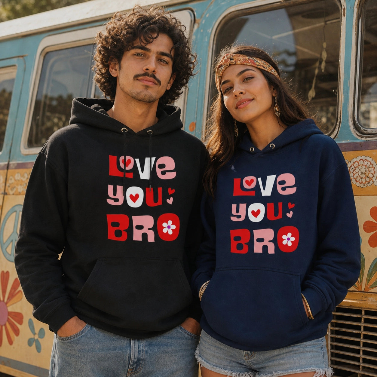A man and a woman wearing matching graphic hoodies stand in front of a retro-style floral van. The man wears a black hoodie with pink, red, and white text reading 'LOVE YOU BRO' with a heart and flower motif.