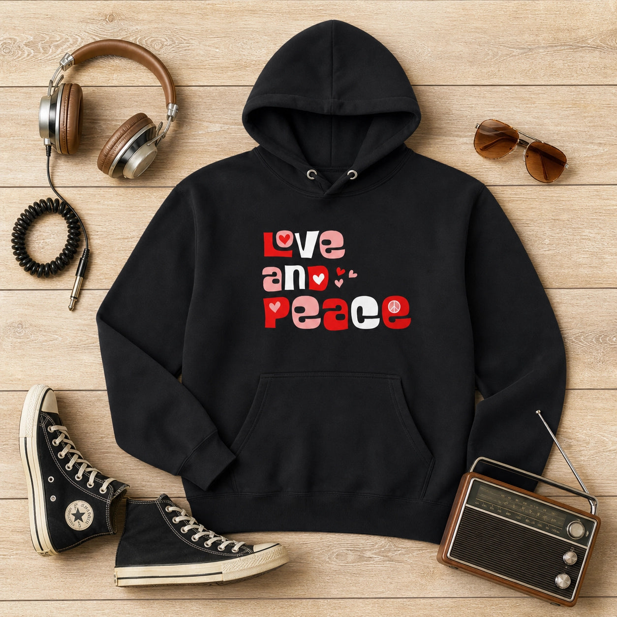Unisex hoodie with retro Love and Peace aesthetic typography in a 1970s groovy font and vibrant vintage colors.