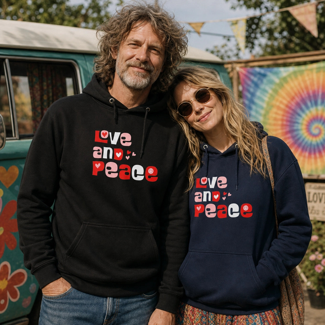 Unisex hoodie with retro Love and Peace aesthetic typography in a 1970s groovy font and vibrant vintage colors.