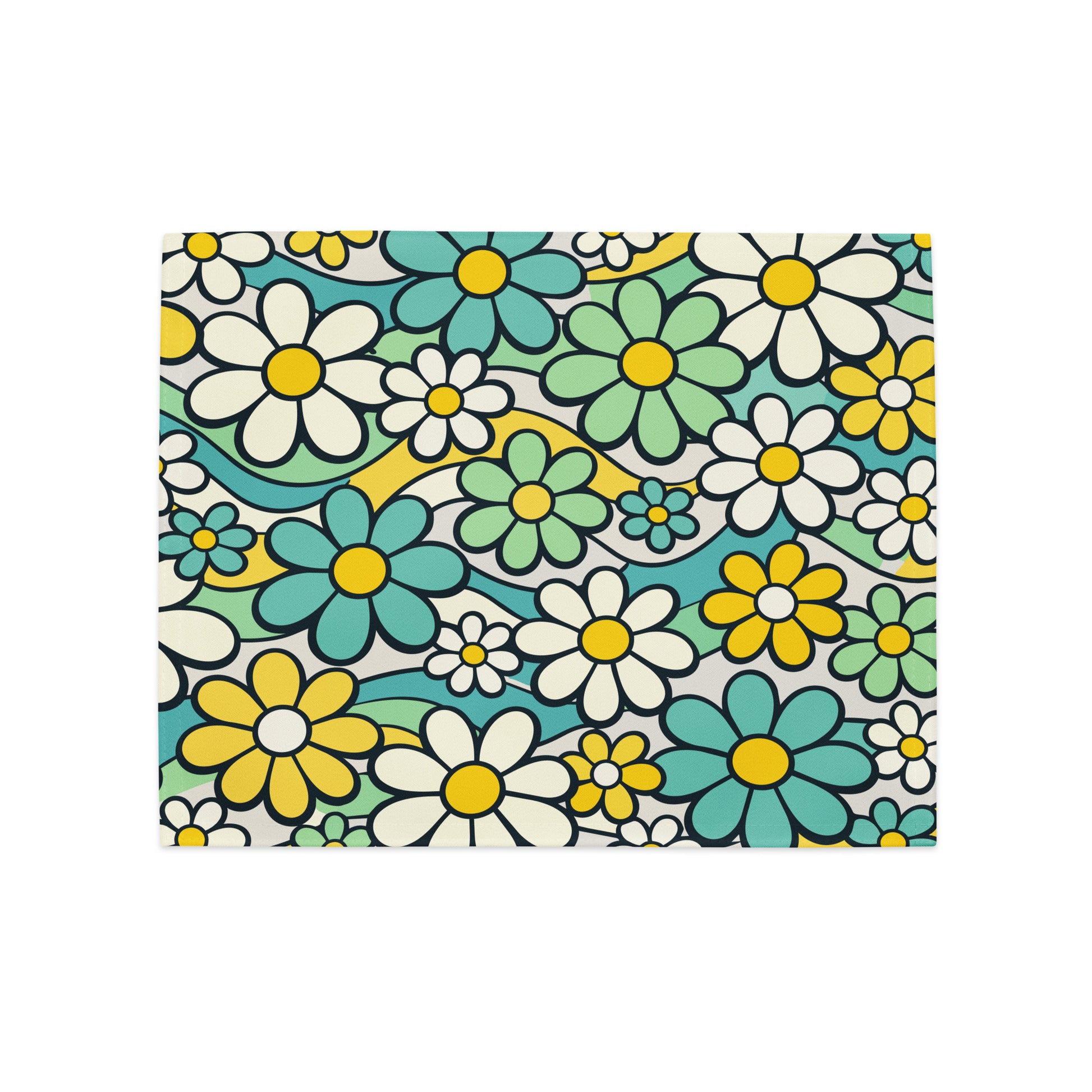 Top-down view of four retro placemats featuring a colorful 1970s psychedelic daisy pattern with teal and yellow flowers.