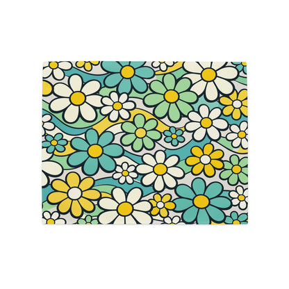 Top-down view of four retro placemats featuring a colorful 1970s psychedelic daisy pattern with teal and yellow flowers.