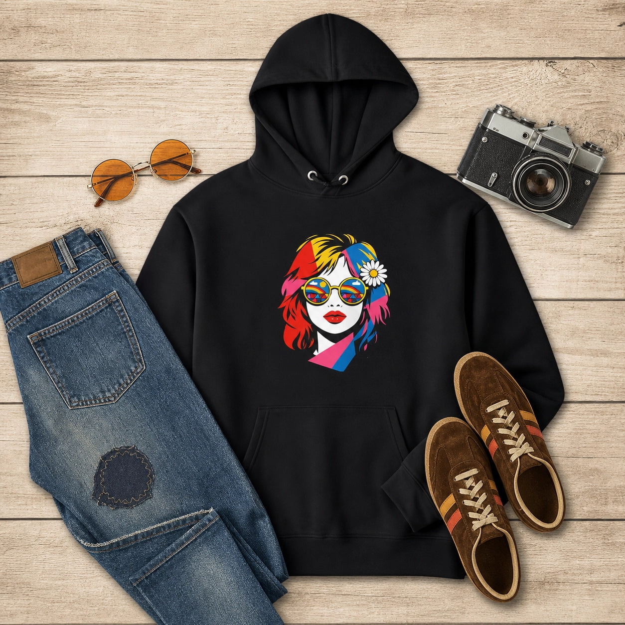 Vibrant pop art woman with rainbow sunglasses and a daisy on a black faroutgoods hoodie for a retro 70s aesthetic.