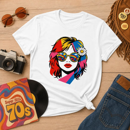 Pop art illustration of a woman with yellow rainbow sunglasses and a daisy in her hair for a faroutgoods t-shirt.
