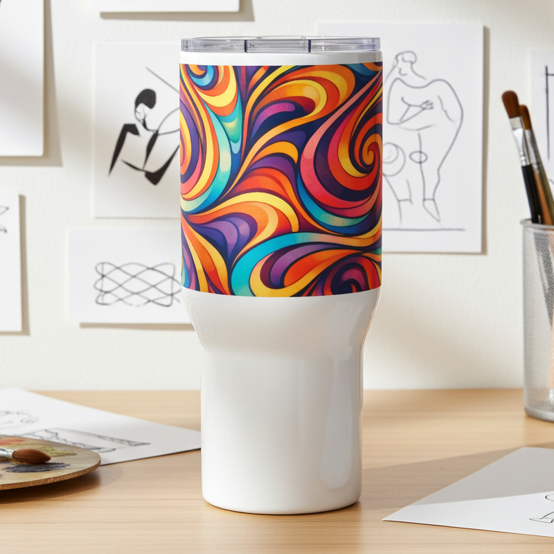 Retro Psychedelic Swirl - Travel mug with a handle - Far Out Goods