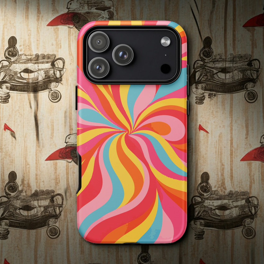 Durable dual-layer iPhone case featuring a groovy 70s abstract lava wave pattern with flowing orange, cream, and brown retro swirls on a glossy finish.
