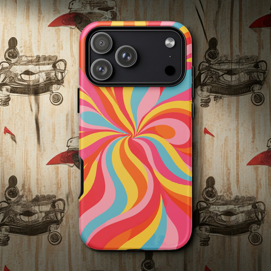 Durable dual-layer iPhone case featuring a groovy 70s abstract lava wave pattern with flowing orange, cream, and brown retro swirls on a glossy finish.