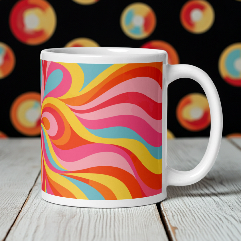 White glossy ceramic coffee mug featuring a continuous wraparound psychedelic swirl pattern in vibrant retro shades of orange, yellow, and pink.