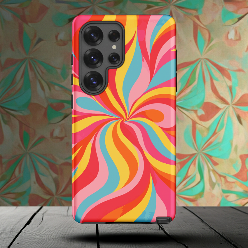 Dual-layer Samsung phone case featuring a retro 70s abstract lava flow pattern with swirling orange, amber, and deep red waves on a glossy finish.