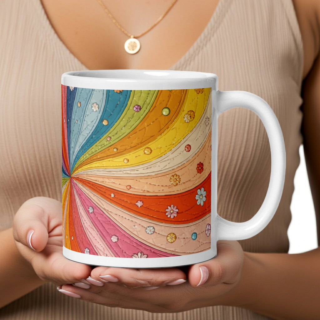 Ceramic mug with a colorful retro 70s quilted rainbow swirl design featuring stitched details and small vintage flowers.