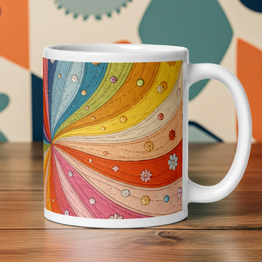 Ceramic mug with a colorful retro 70s quilted rainbow swirl design featuring stitched details and small vintage flowers.