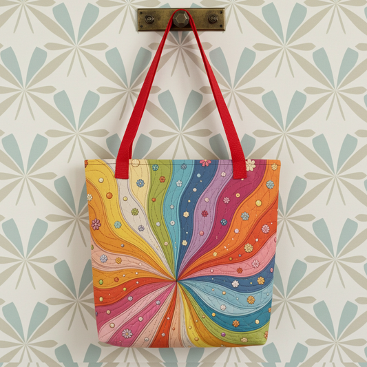 Polyester tote bag featuring a 70s retro rainbow quilt sunburst design with colorful swirling wavy stripes and tiny flowers.