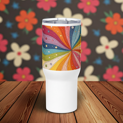 Stainless steel travel mug featuring a vibrant 70s retro quilted rainbow swirl design with stitched details and flowers.