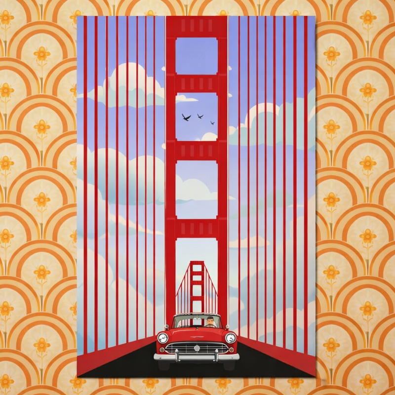 Vertical photography poster of a classic vintage red car driving across the orange Golden Gate Bridge in San Francisco under a clear blue sky.